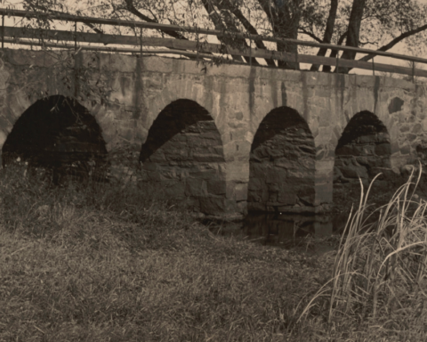 FOUR ARCHES– The Four Arch Bridge over the Sudbury River on Old Sudbury Road, in a photo taken by Alfred Wayland Cutting between 1880 and 1930.